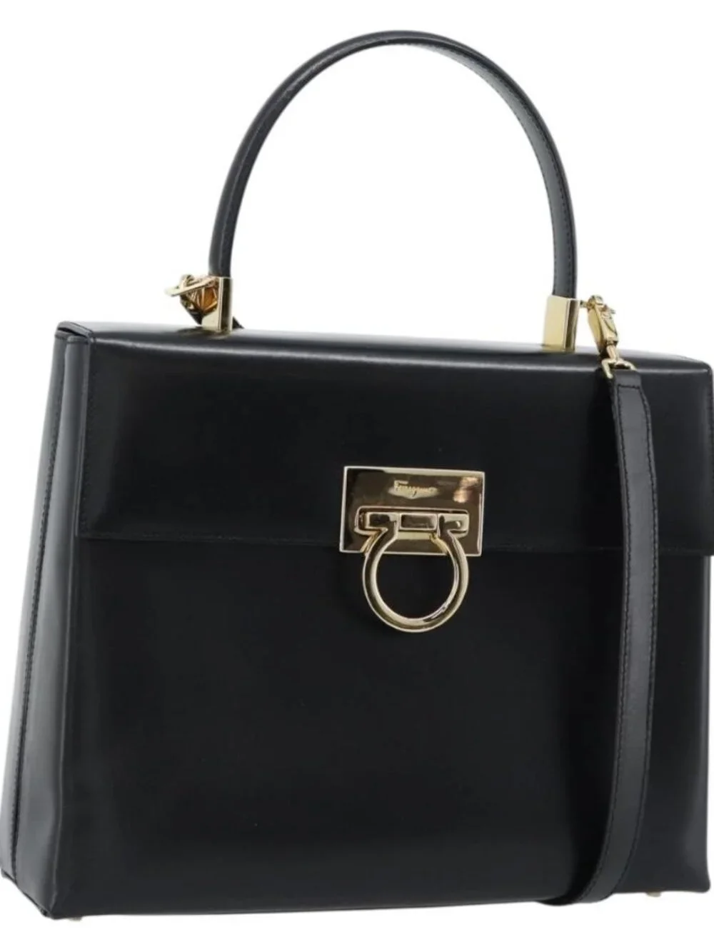 Salvatore Ferragamo Gancini Hand Bag Leather 2way Black Gold Auth 186113V